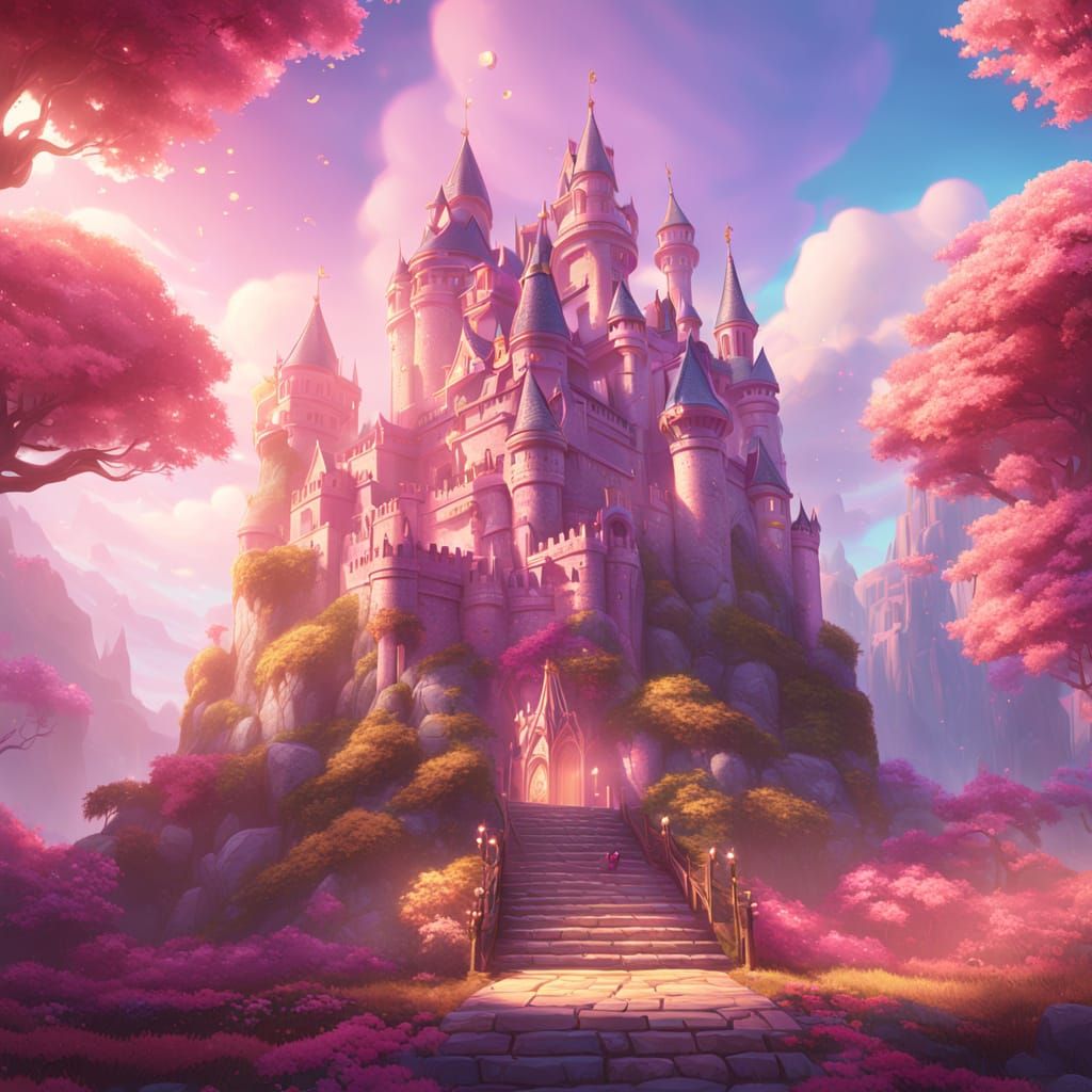 Pink Castle Fantasy Concept Art in Anime Style