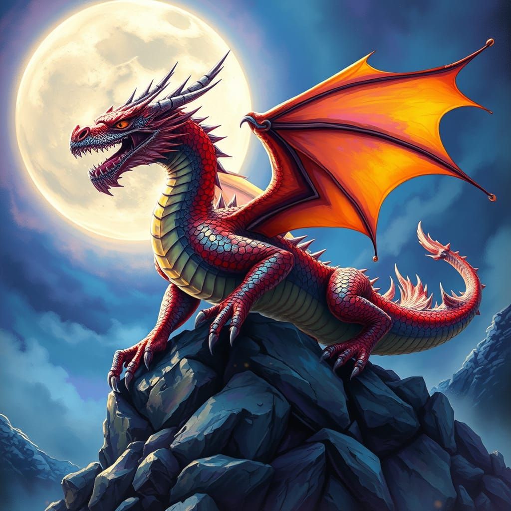 Majestic Dragon in Regal Pose Under Starry Sky
