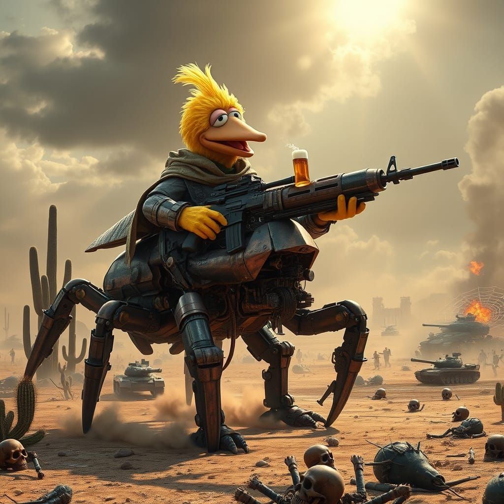 Battle-Hardened Big Bird in Cyberpunk Steampunk Exosuit