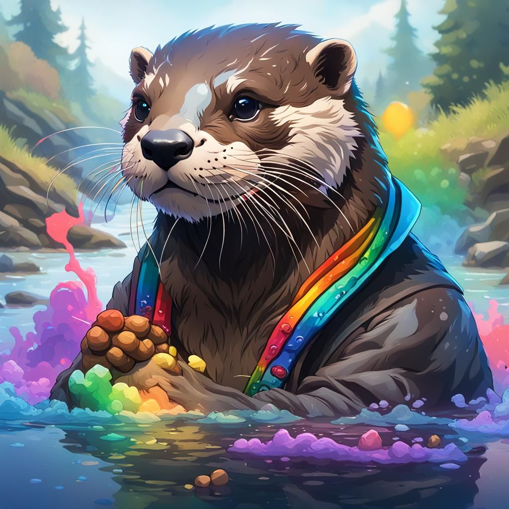 Otter in Rainbow Smoke Creek: Hyperdetailed Portrait