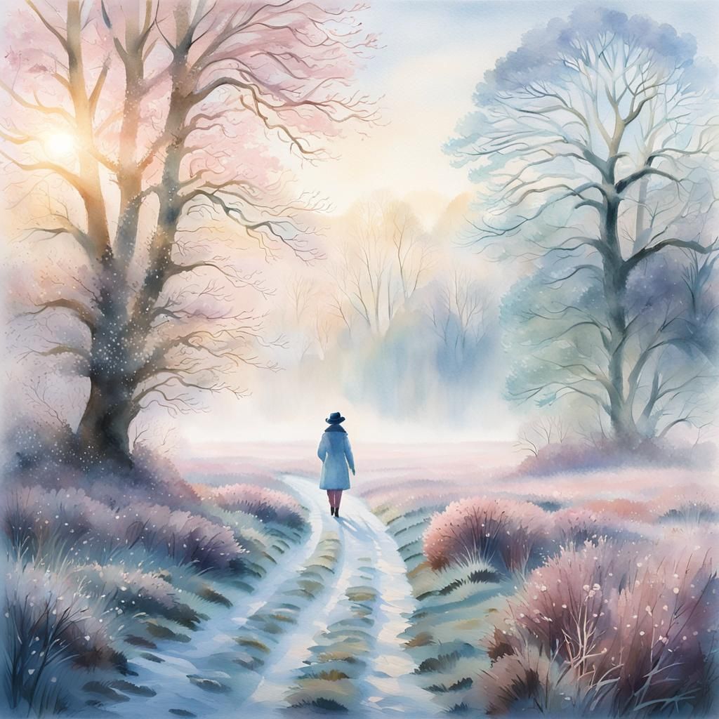 Woman Walks in Frosty English Countryside Watercolor
