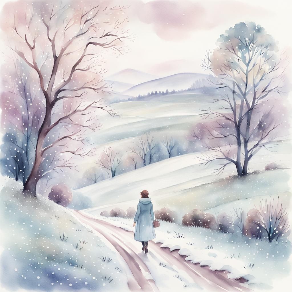 Serene Winter Walk in English Countryside: Pastel Watercolor