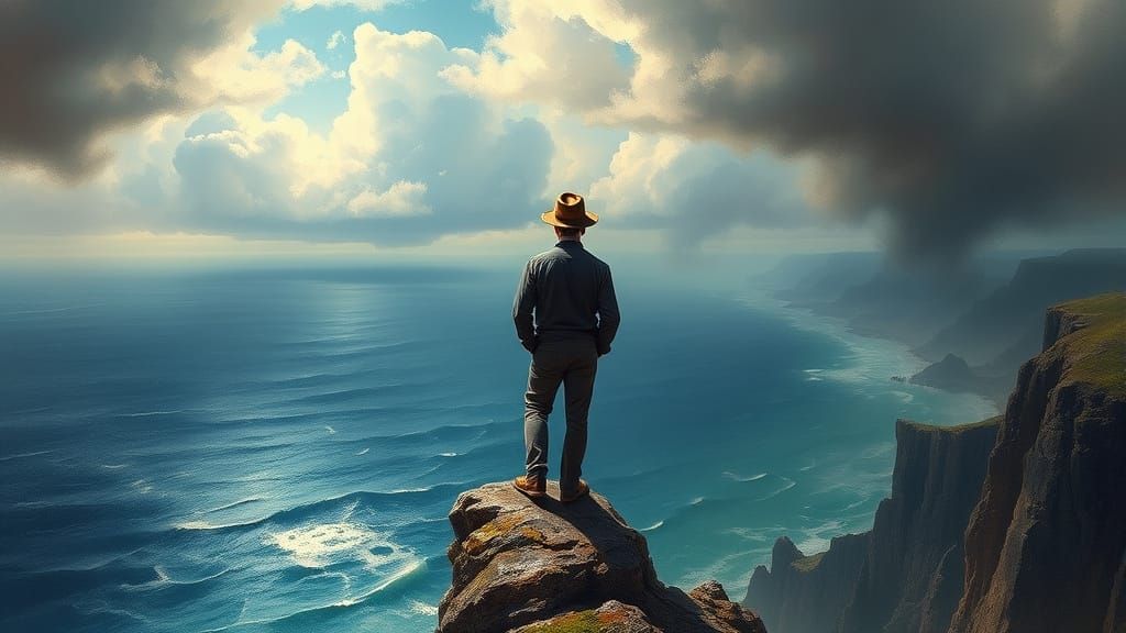 Man on Cliff Edge Overlooking Ocean in Romantic Style