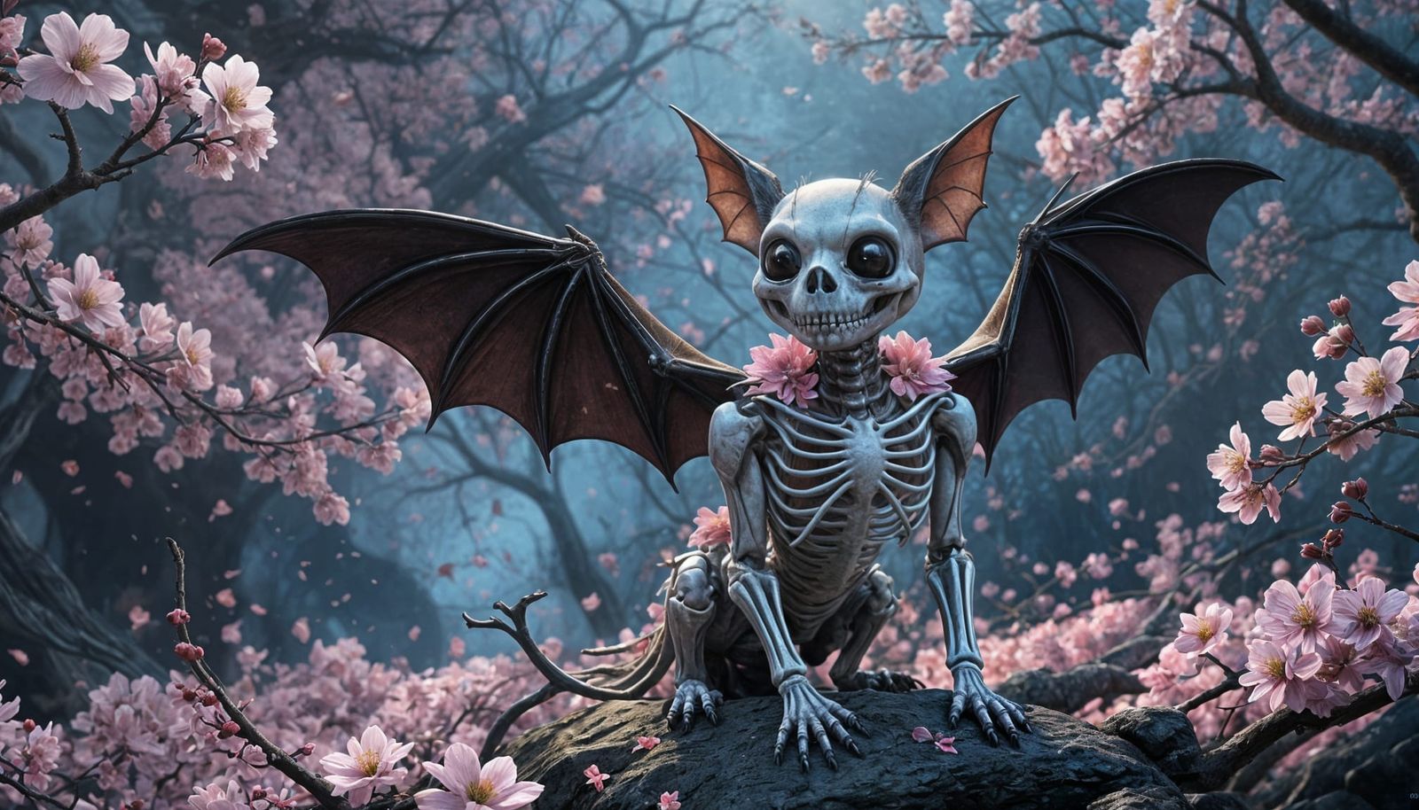 Cute Spooky Bat Skeleton with Sakura Flowers in Pixar Style