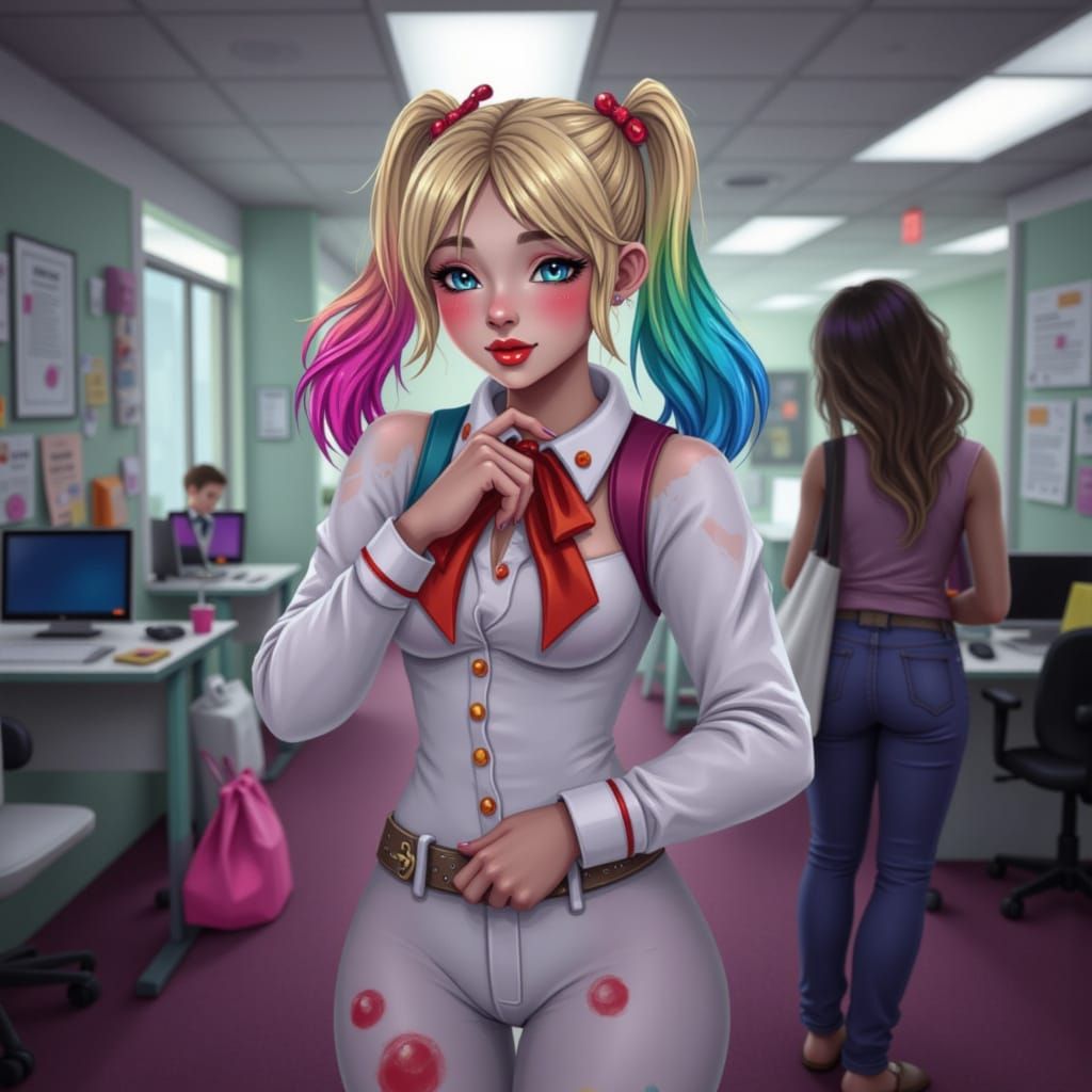 Harley Quinn in White Suit in NYC Office