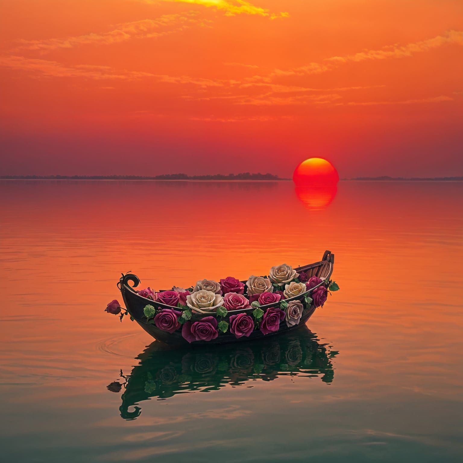 Rose Rowboat on Lake at Sunset