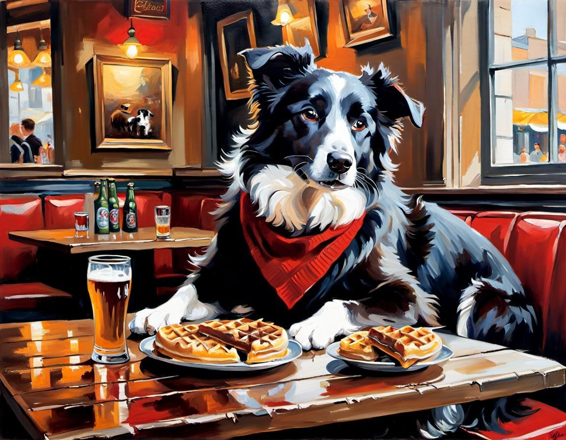 Man and Dog in Belgian Pub: Oil Painting