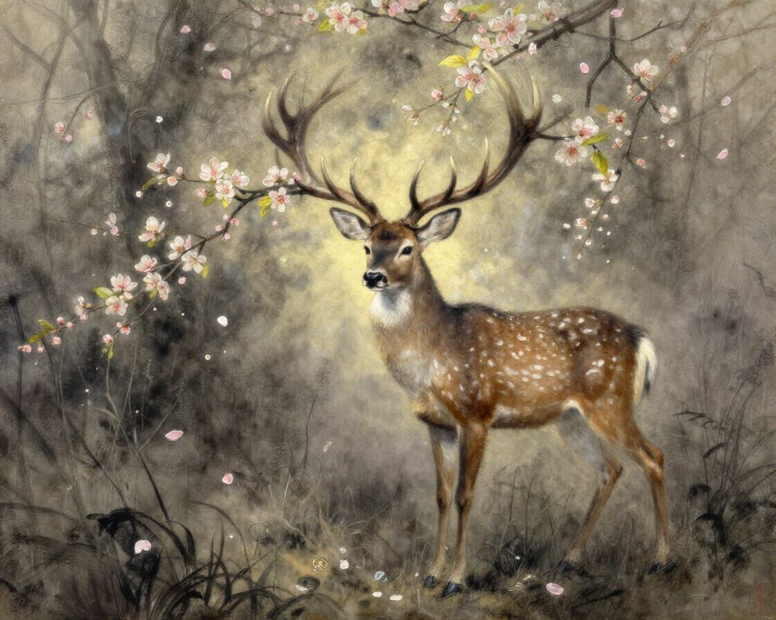 Whimsical Deer with Blossom Antlers in Stylized Watercolor-G...