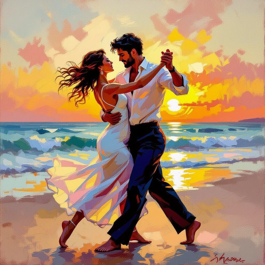Passionate Tango on Beach in Impressionist Style