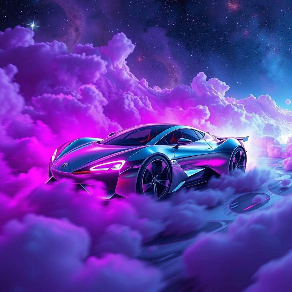 Electric Car Speeds Through Starry Universe in Neon-Lit Cybe...