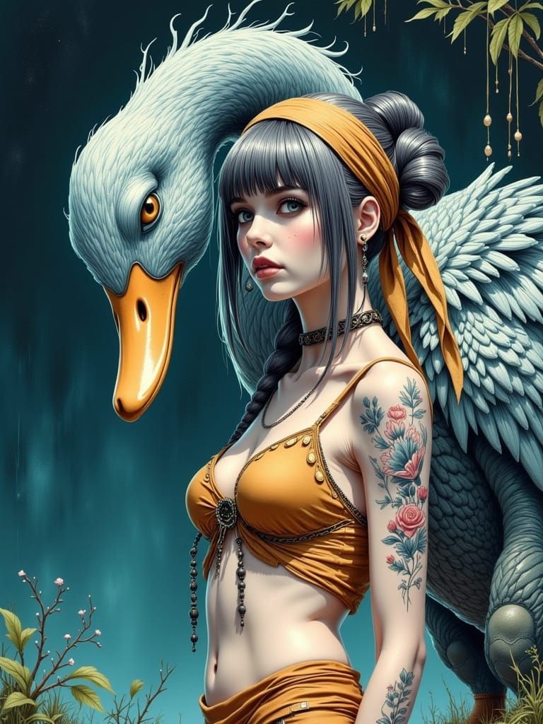 Duckling Woman and Etruscan Statue Watercolor