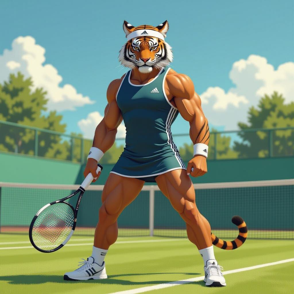Tiger-Human Tennis Player in Futuristic Style