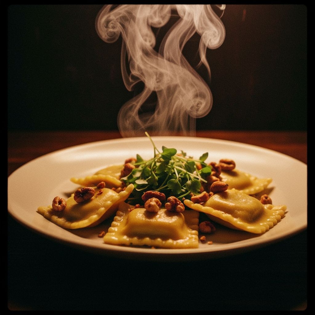 Steaming Ravioli Plate with Toasted Nuts and Herbs
