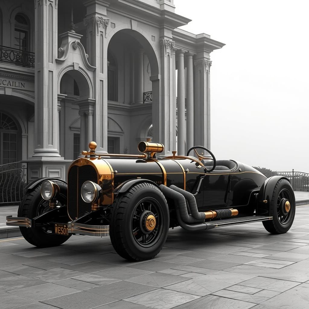 B&W antique photo of Hidden technology stream lined steam powered luxury car pictured in from of a Beach front tartarian...