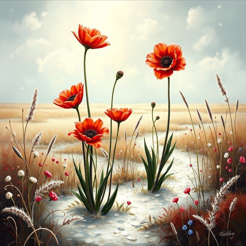 Biophilic Masterpiece: Frosty Red Marsh Flowers