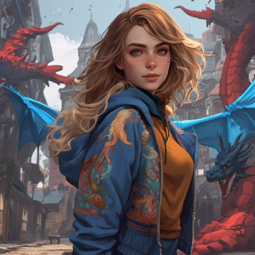 Girl with Dragon in Dark Fantasy Cartoon Style