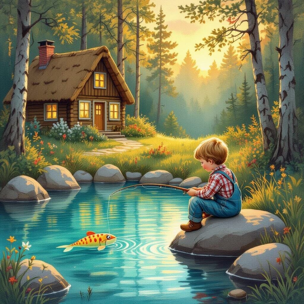 Boy Fishing at Sunset in Enchanted Forest