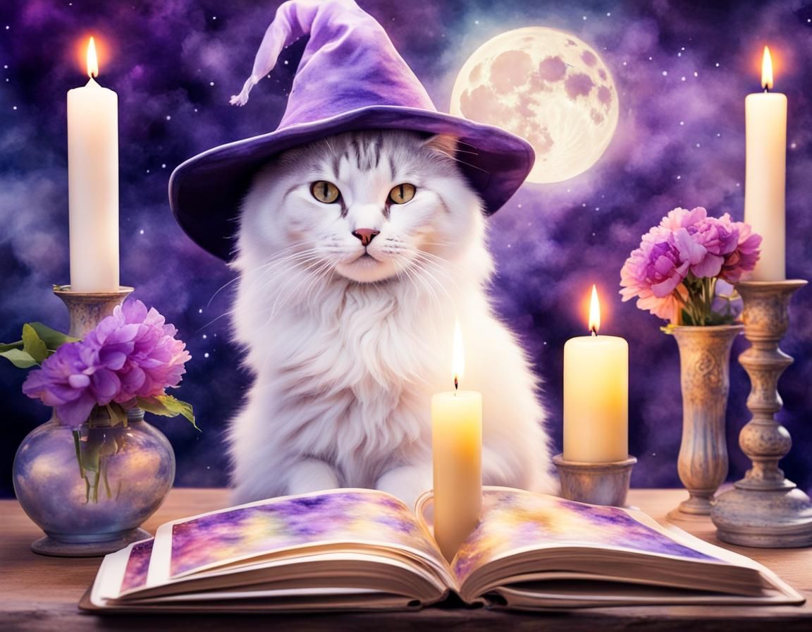 Mystic Cat in Witch Hat with Tarot Cards