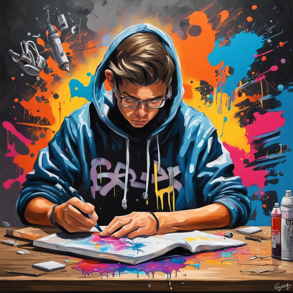 Student Studying: Graffiti Art with Polychromatic Details