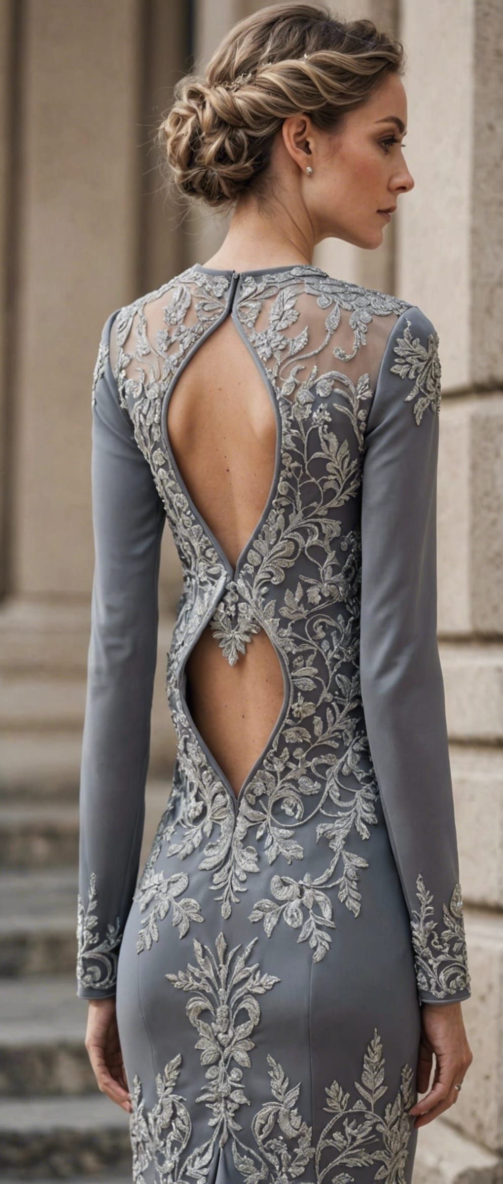 Woman in Grey Dress with Silver Embroidery