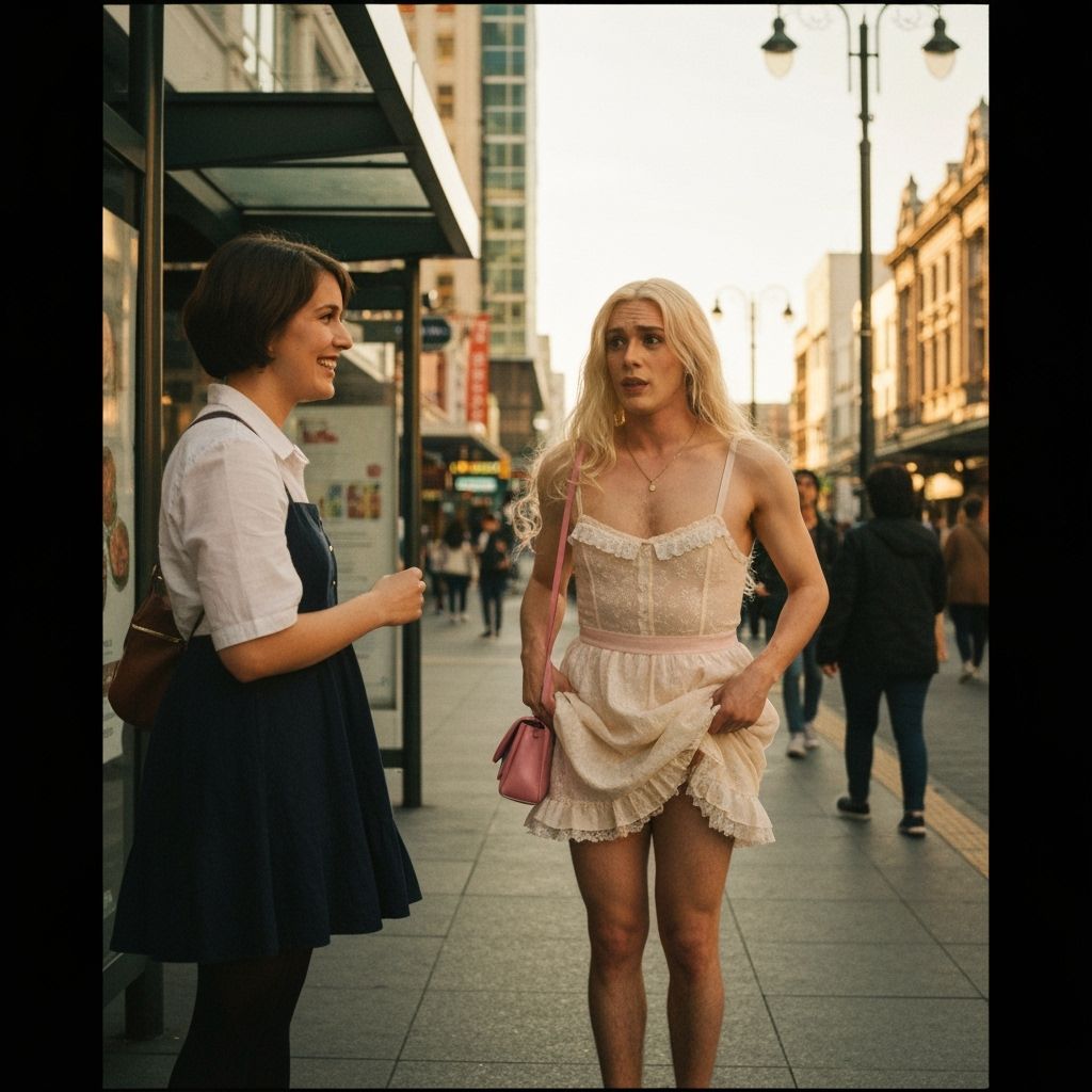 Crossdressed Young Man at Bus Stop