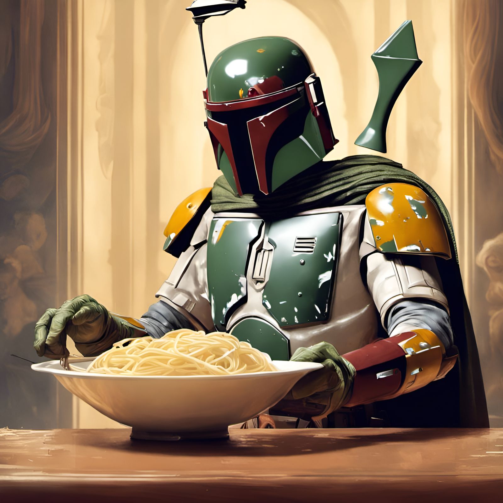 Boba Fett Holds Fettuccine: Digital Illustration