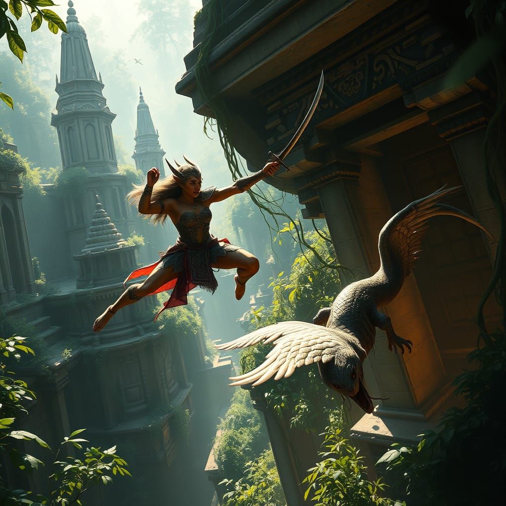 Elven Warrior's Jungle Leap: A Digital Masterpiece