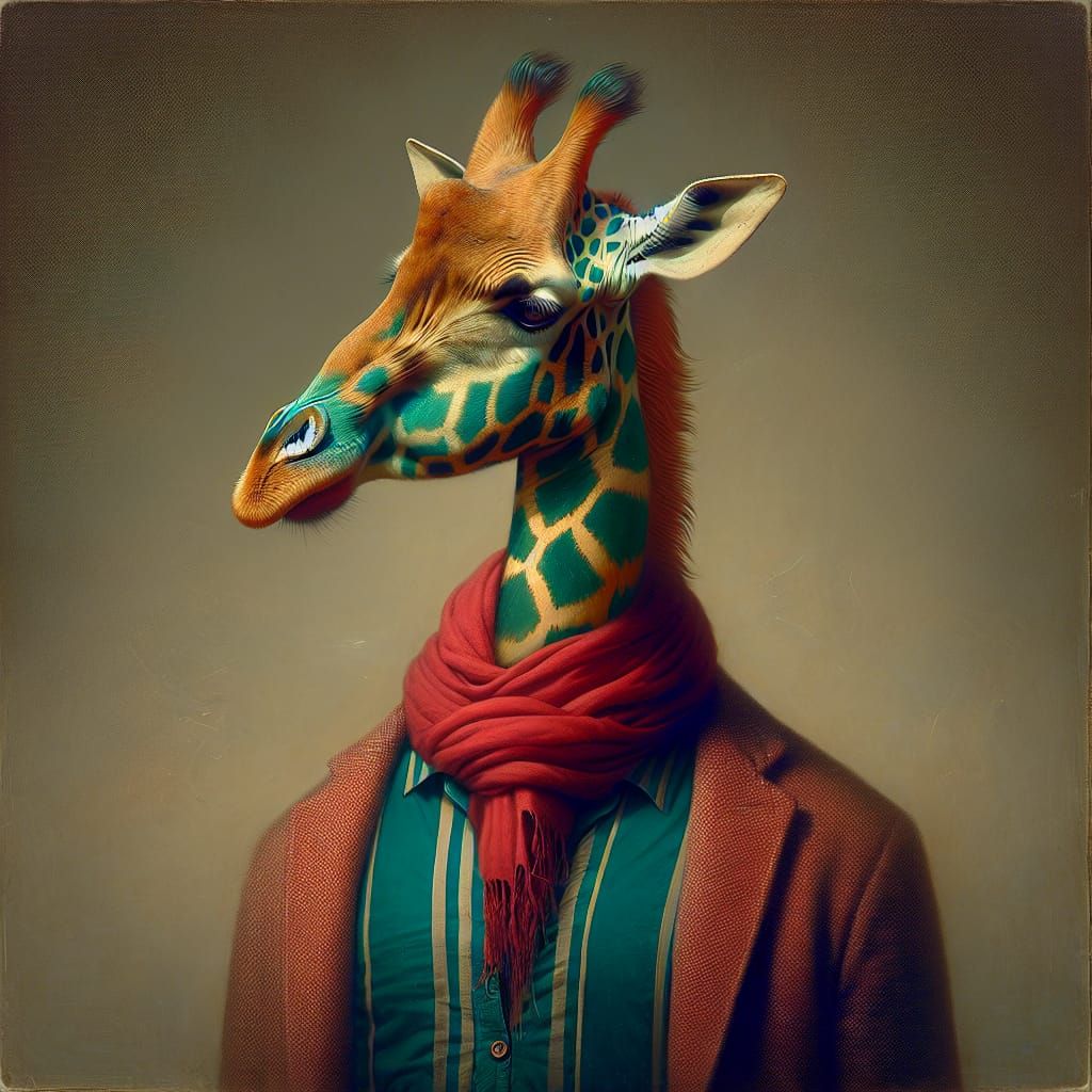 Whimsical Giraffe-Human Hybrid in Surreal Setting
