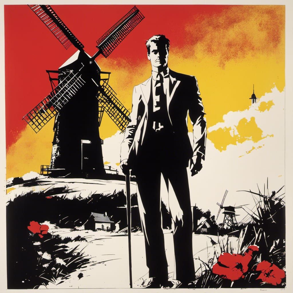 Man by Windmill in Graphic Novel Street Art Style