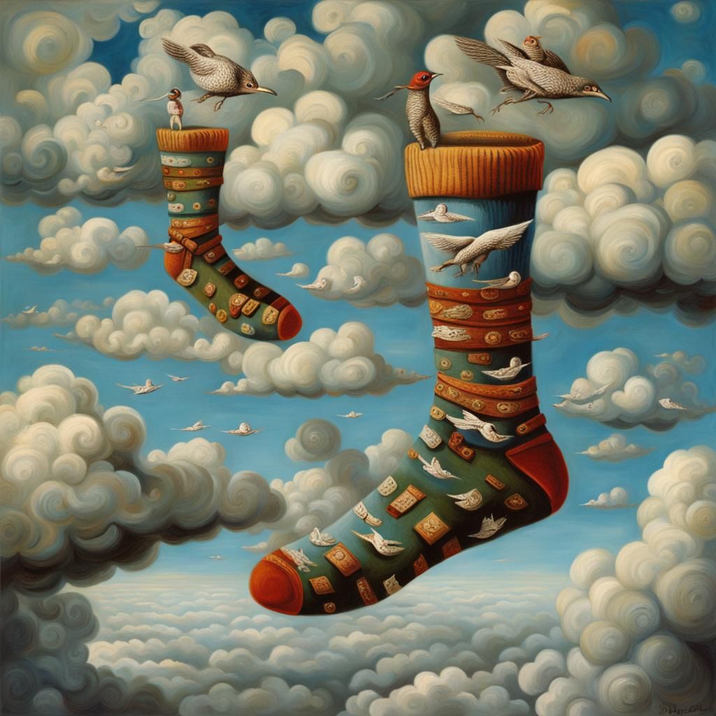 Flying Socks on Clouds in Surrealist Style