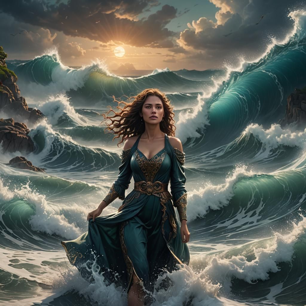 Ocean Waves Surround Beautiful Woman: Fantasy Art