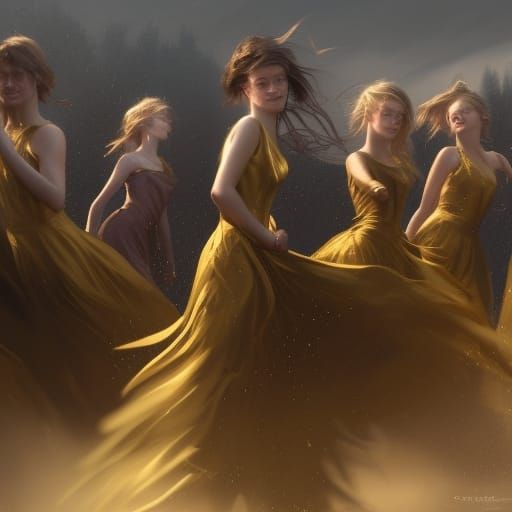 Golden Haired Muses Dancing in Dark Fantasy Art