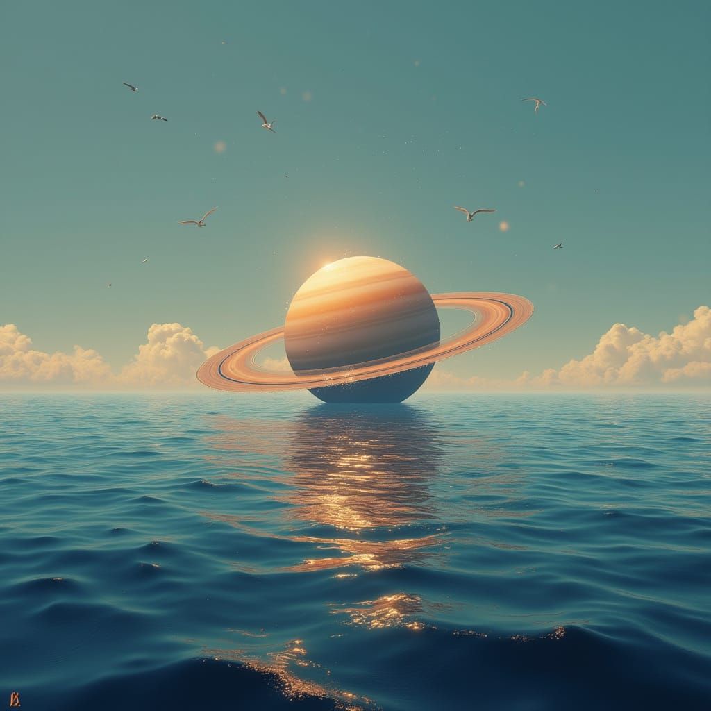 Serenely Floating Saturn in a Dreamy Oceanic Scene