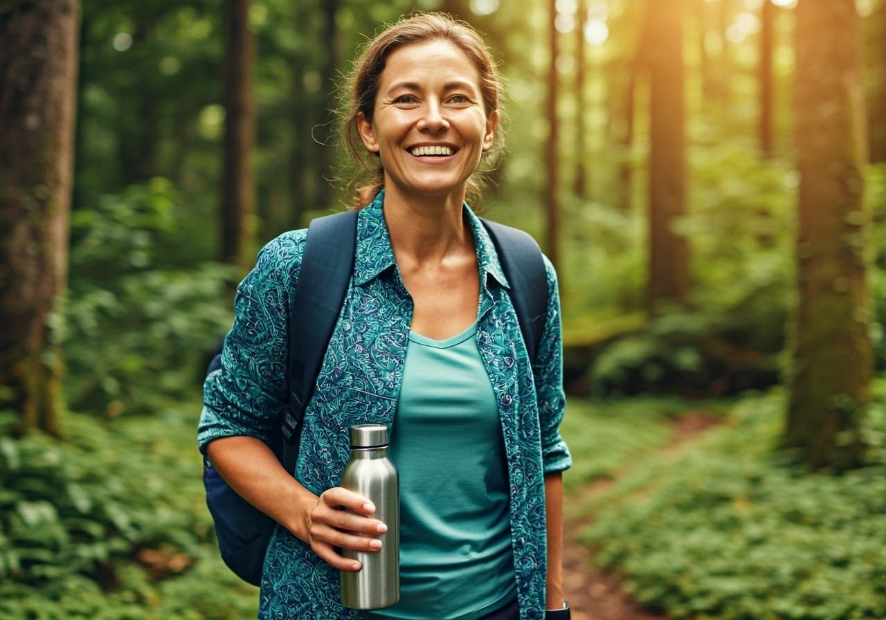 Smiling Hiker Portrait in Vibrant Forest, Cinematic Style