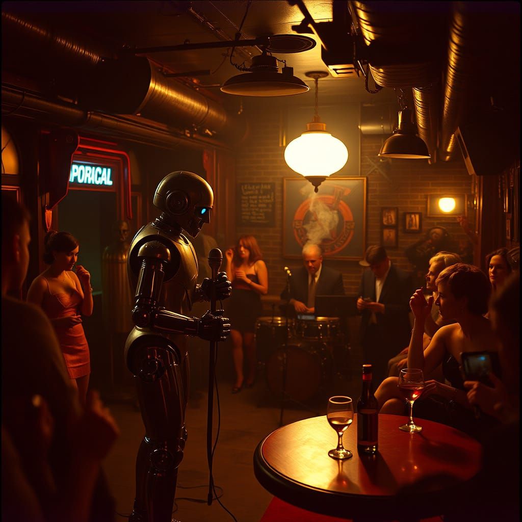 Robot Blues Singer in Retro-Futuristic Speakeasy