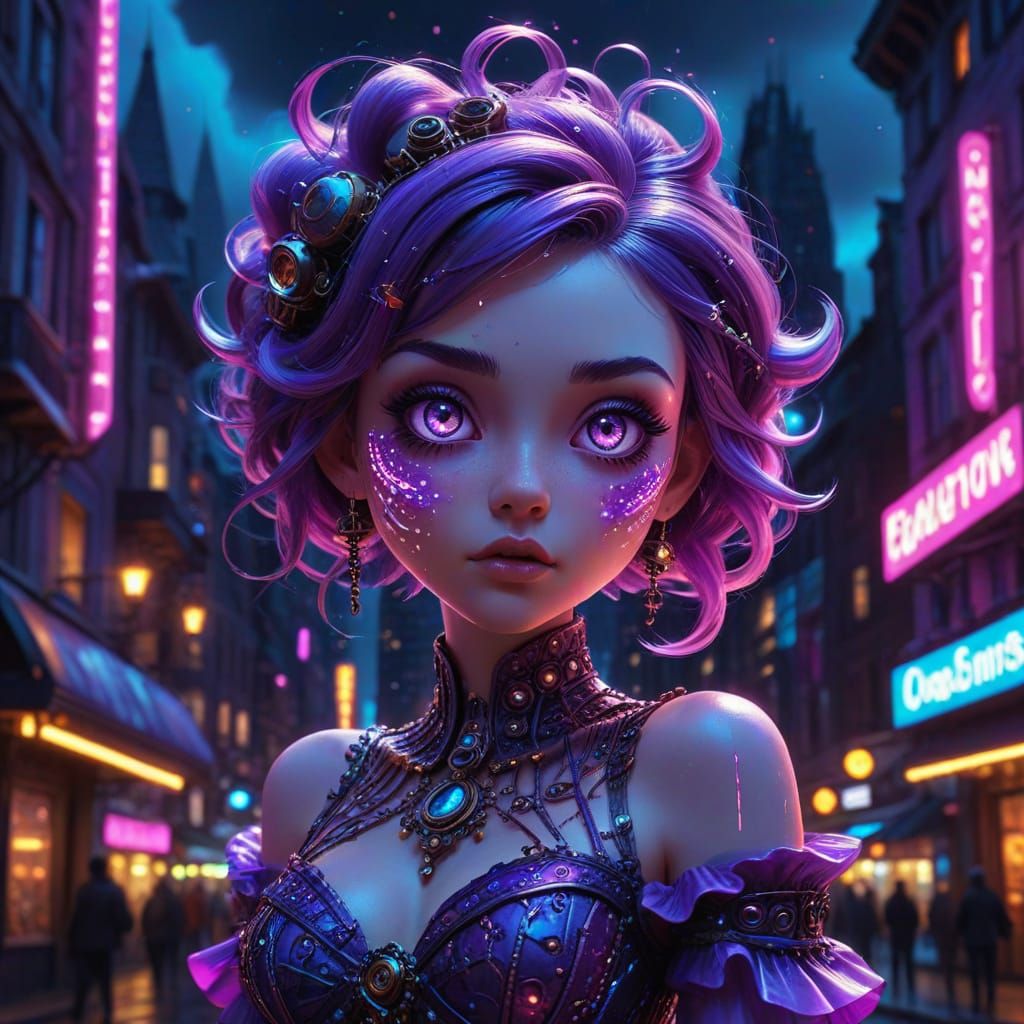 Chibi Woman in Moonlight Gown Views Candy Cityscape