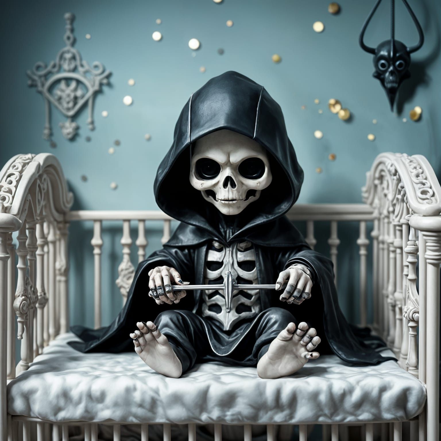 Chibi Baby Grim Reaper in Crib: 3D Render