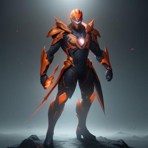 Neon Superhero with Glowing Sword on Cloud