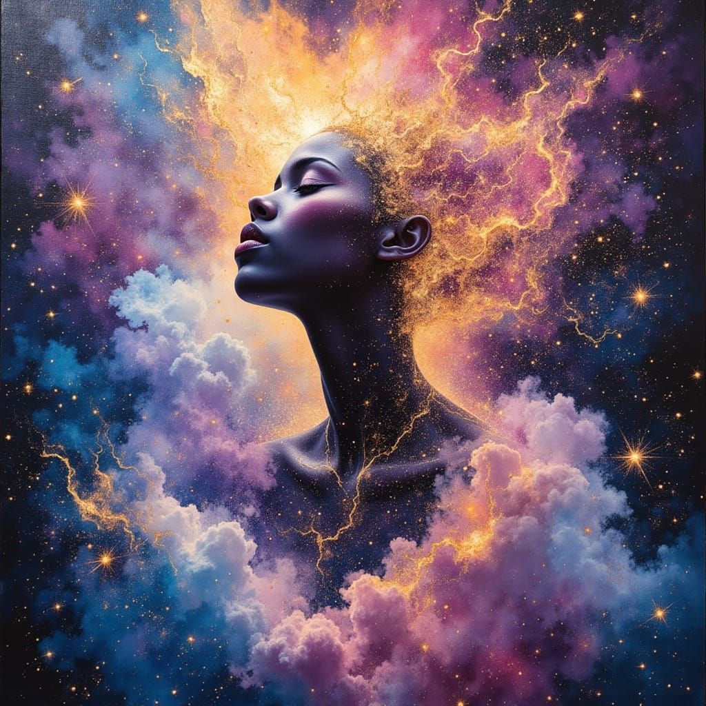 Celestial Being Floats in Colorful Nebula