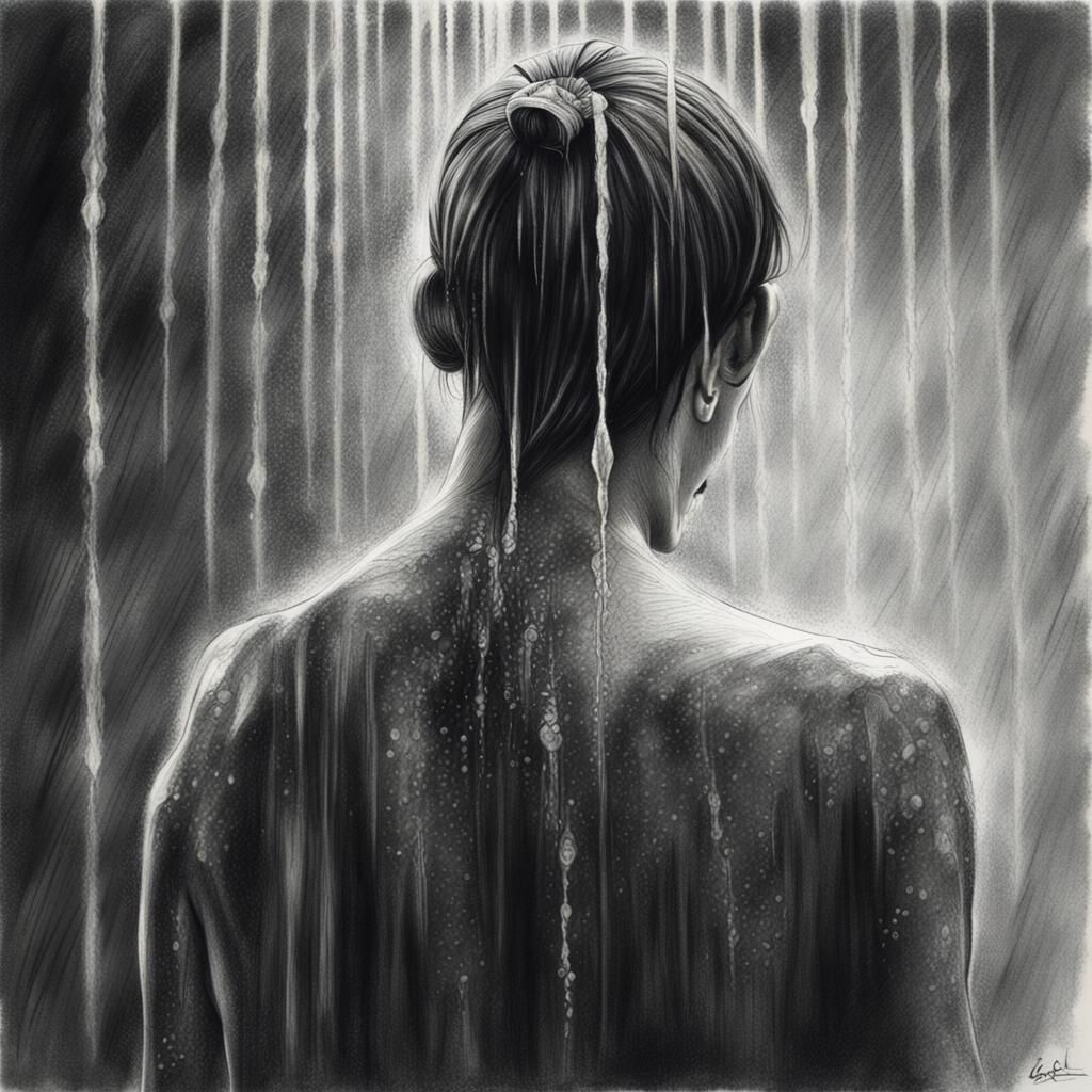Monochrome Shower Portrait in Charcoal Drawing Style