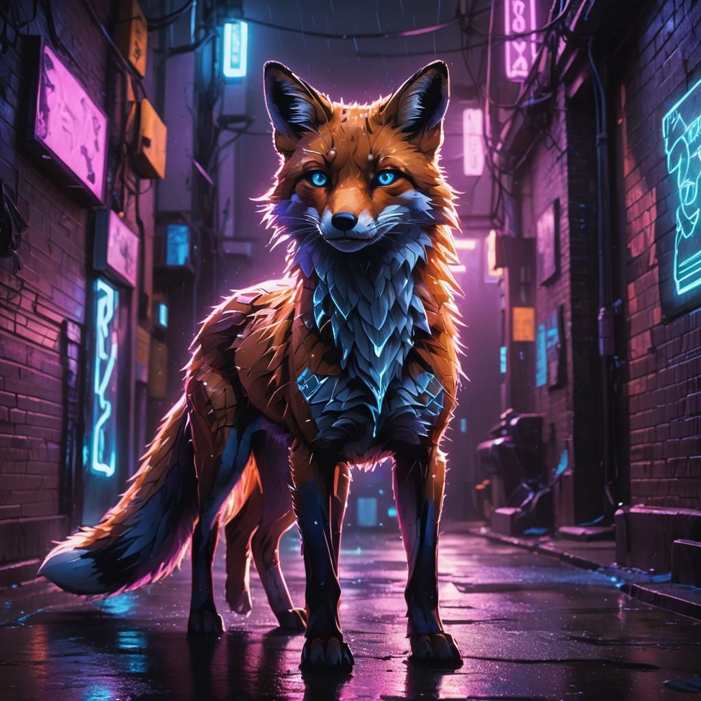 Cyberpunk Fox Hacking in Neon Alleyway