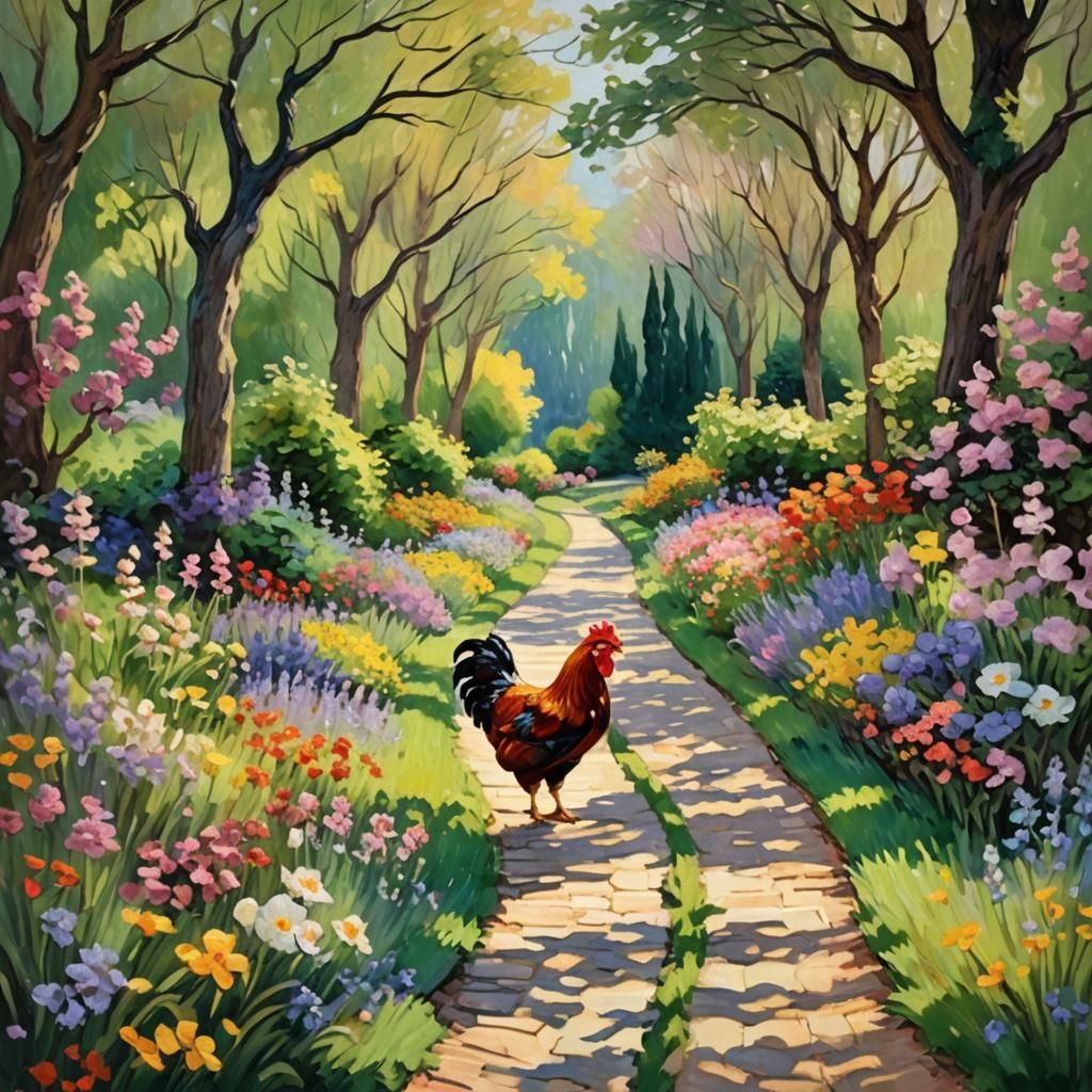 Impressionist Chicken Strolls Through Monet's Garden