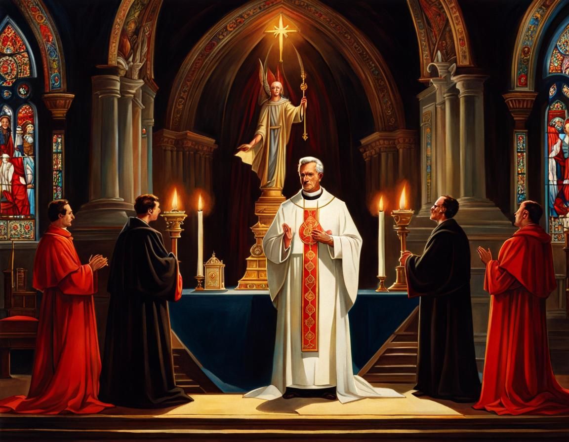 Priest at Altar with Angel and Devil