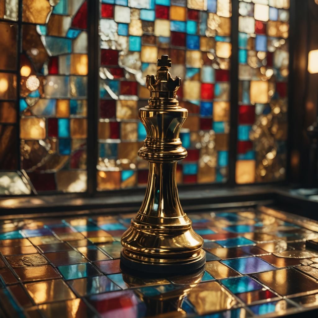 Golden Mechanical Chess on Stained Glass Board