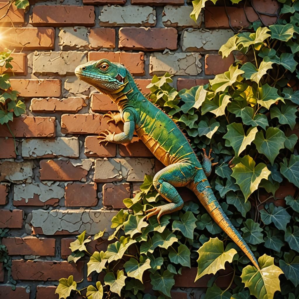 Lizard Sunbathing on Brick Wall in Golden Hour