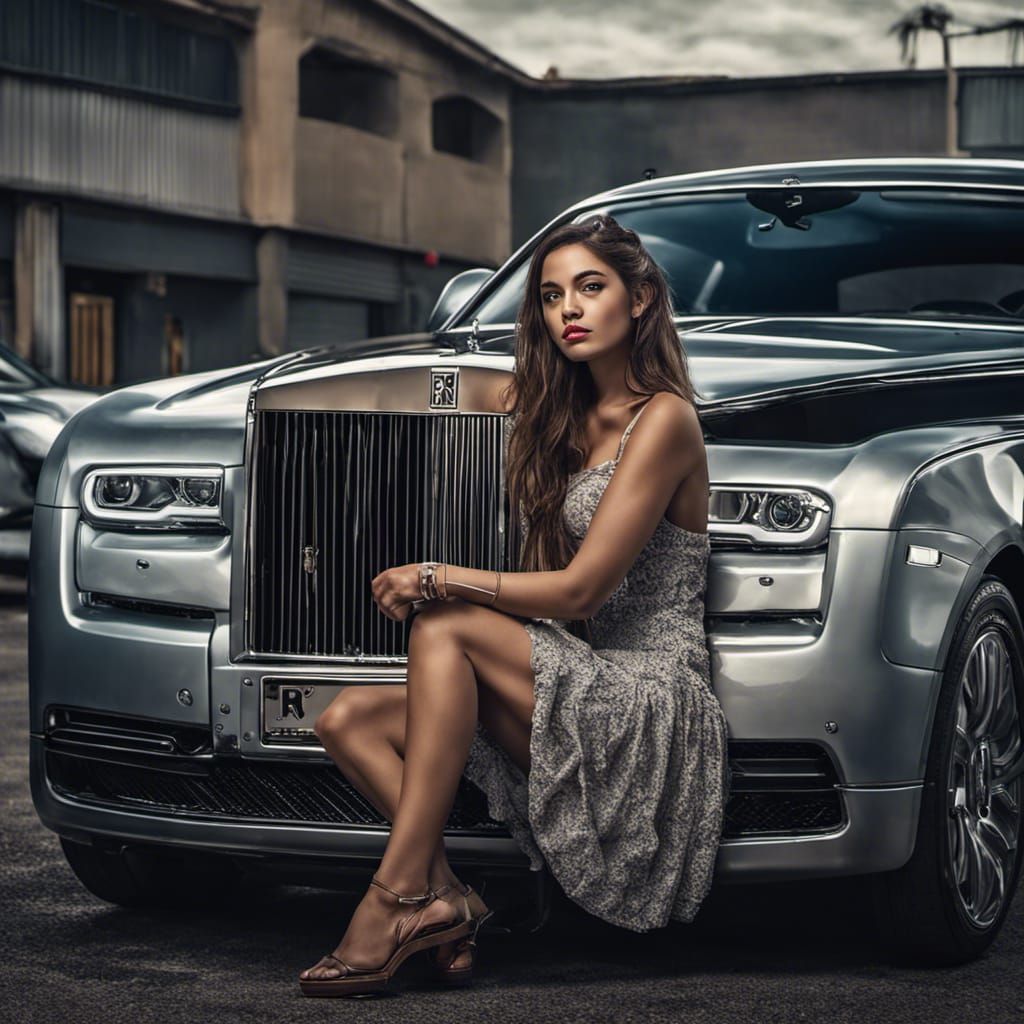 Girl on Rolls Royce in Hyperrealistic Style