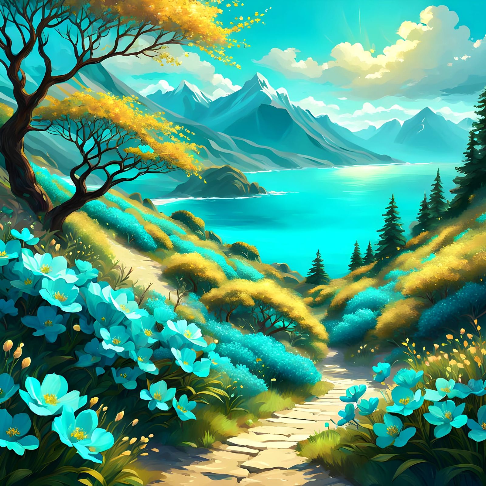 Landscape with Turquoise Ocean and Blossoms