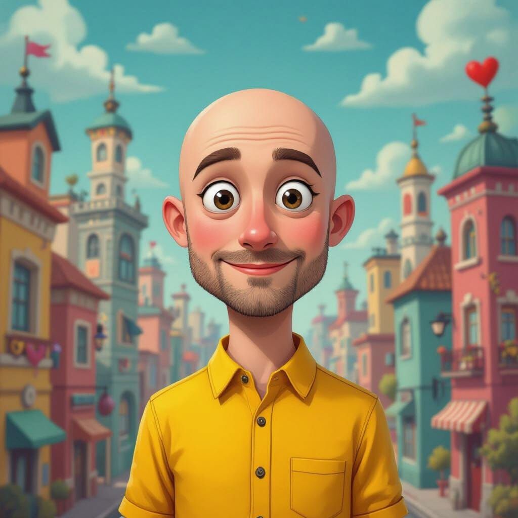 Whimsical Cityscape: Bald Man with Heart Eyes