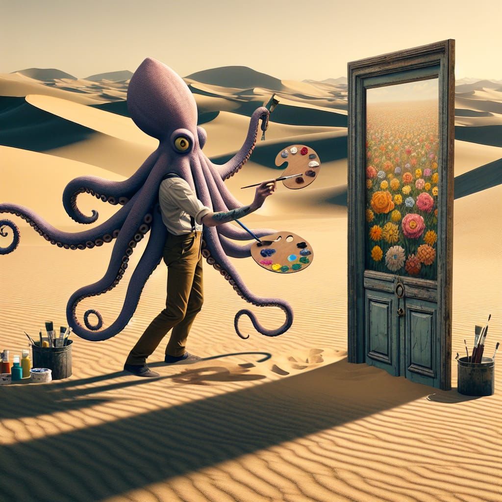 Octopus Painter Creates Mirage in Desert Landscape