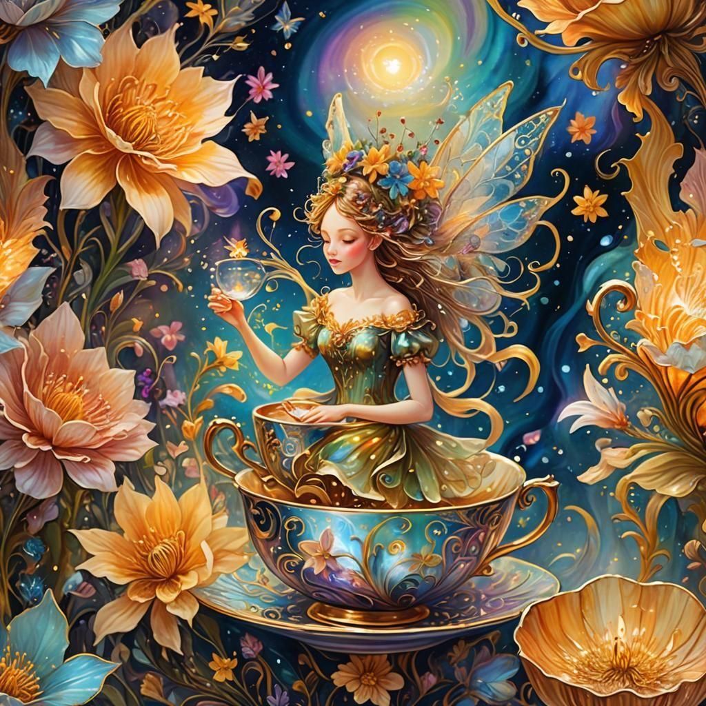 Fairies Dancing in Teacup: Mixed Media Illustration